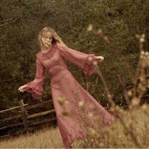 Doen Heirloom Red sheer Constellation poppy Ruffled Tiered Gown Dress